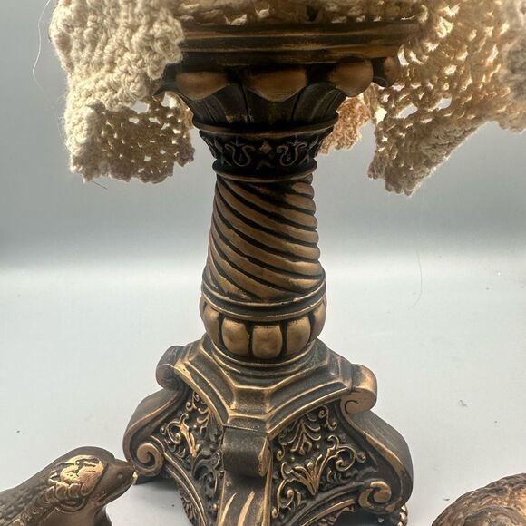 Primitive candlestick with lace dollie, 2 ceramic quail decor - Picture 2 of 15